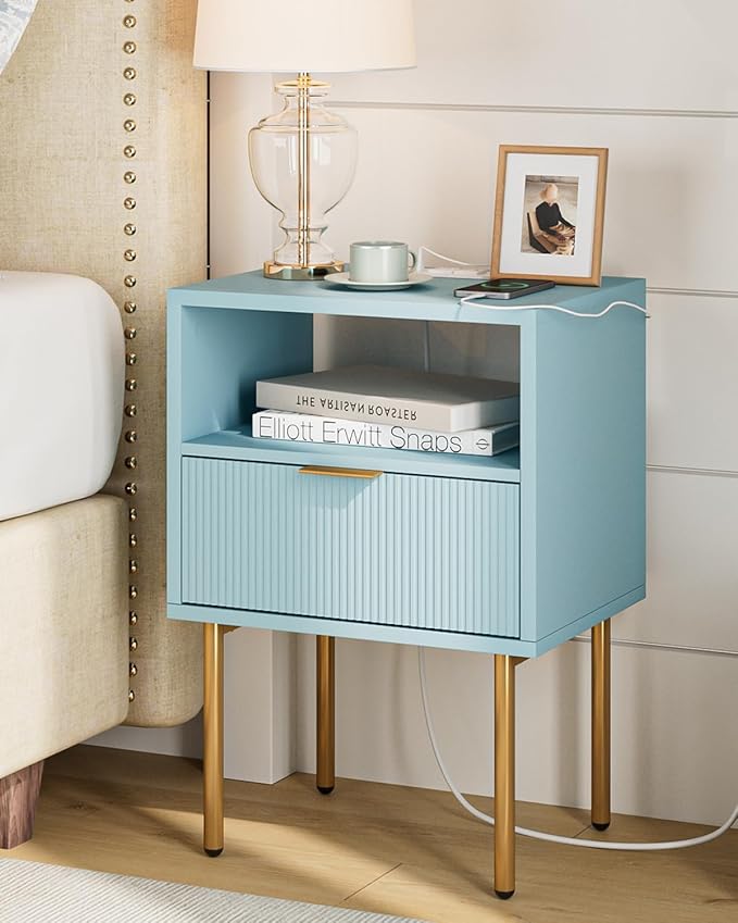 Masupu Nightstand with Charging Station,Mid-Century Modern Bedside Table with Storage Drawer and Open Wood Shelf,Small Gold Frame Side Table for Bedroom,Living Room (Blue)