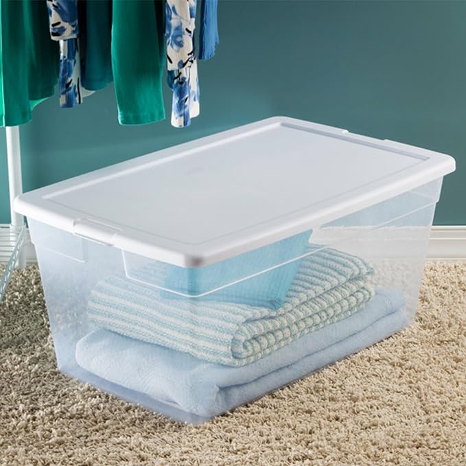 Sterilite 90 Qt Storage Box, Stackable Bin with Lid, Plastic Container to Organize Clothes, Blankets, Towels in Closet, Clear with White Lid, 1-Pack