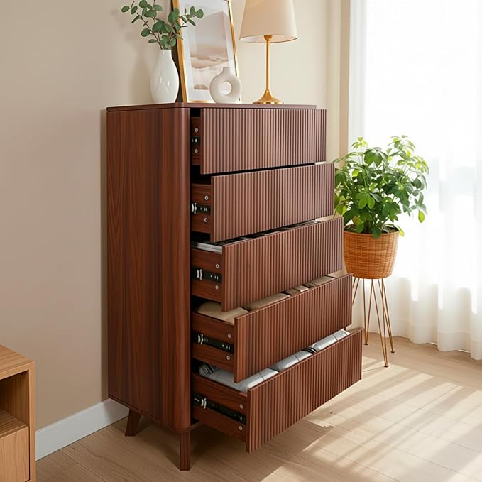 Fluted 5 Drawers Dresser for Bedroom, 47" Tall Handleless Chest of Drawers with Faux Marble Top, Curved Profile Design, Wood Drawer Organizerfor forLiving Room, Hallway, Entryway, Walnut