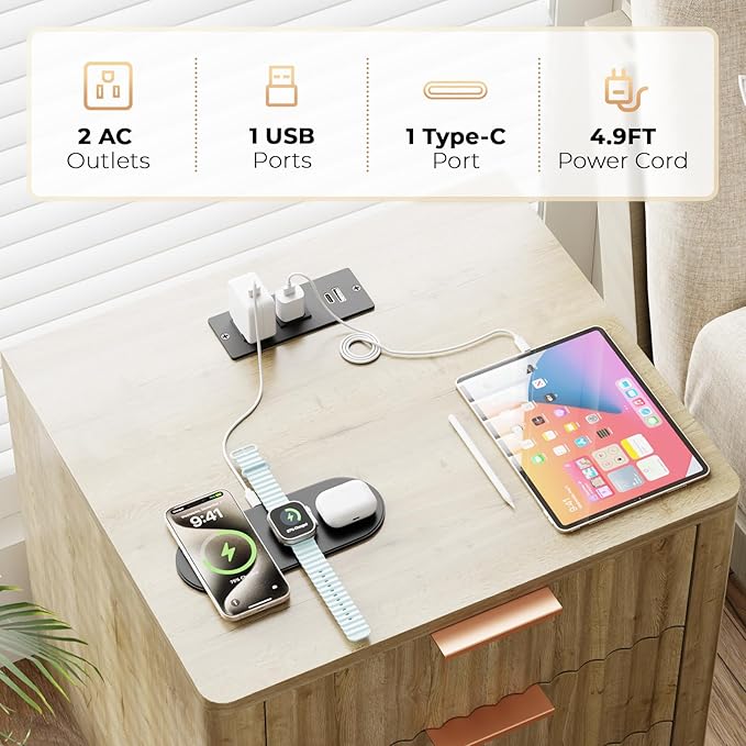 Fluted Nightstand with Charging Station, Multifunctional 3 Drawers Storage Bedside Table, Solid Wood Modern Nightstand, Curved Profile Design, End Table for Indoor Room Bedroom Office, Oak