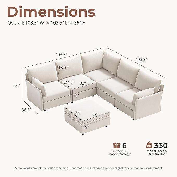 ABCASA 103.5" Oversized Modular Sectional Sofa, L Shaped Convertible Couch with Movable Ottoman, Large 6 Seat Corner Couches for Living Room Deep Seat- White Chenille