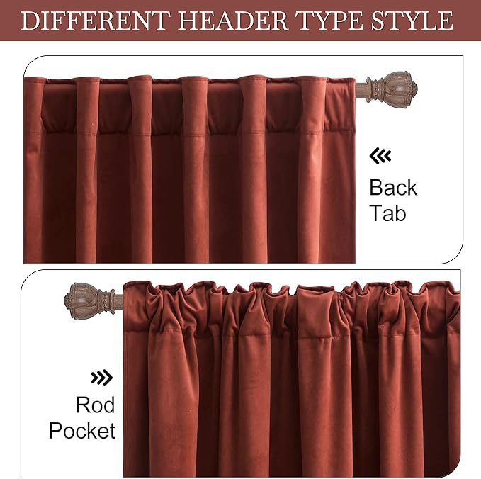 RYB HOME Rust Red Velvet Curtains 102 inches, Back Tab Soft Fabric Room Darkening Thermal Insulated Luxurious Home Decor Curtains for Living Room Bedroom, W 52" x L 102", 2 Panels Set