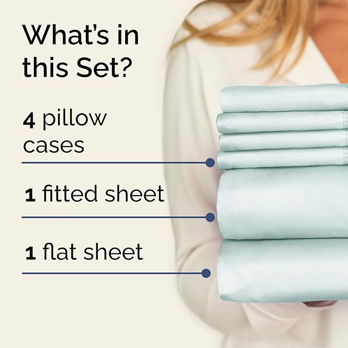 Queen 6 Piece Sheet Set - Cooling, Comfy & Breathable - Hotel Luxury Bedding, Includes Fitted Sheet for Women, Men, Kids & Teens - 1 Flat, 1 Fitted Sheet, 4 Pillowcases with Deep Pockets - Ice Blue
