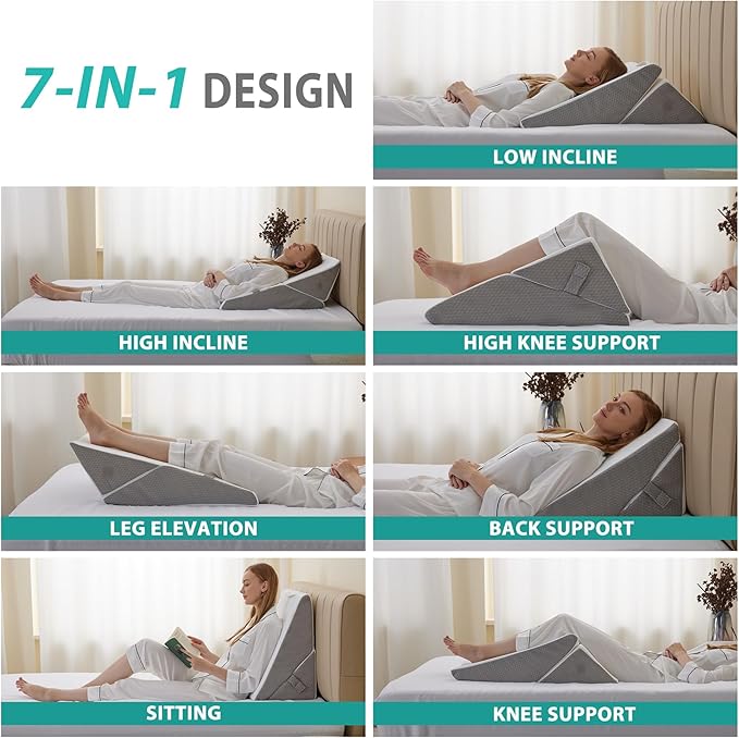 Bedluxe Wedge Pillow for Sleeping, Adjustable 9&12 Inch Foldable Bed Wedge Pillow Set, Orthopedic Memory Foam Triangle Pillows Wedge, 7-in-1 Elevated Pillows for Leg and Back Support, White/Grey