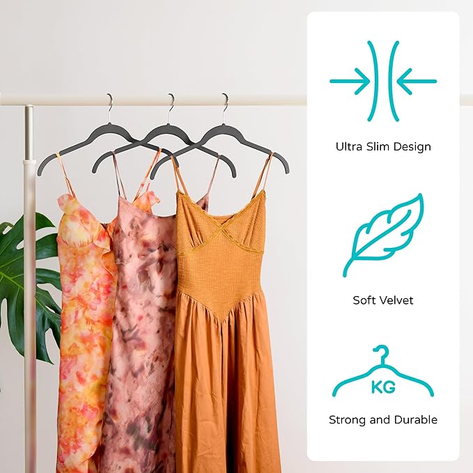 Premium Velvet Hangers 50 Pack - Space-Saving Closet Organizer for Clothes, Non-Slip Flocked Design, Ideal for Shirts and Coats (Black)