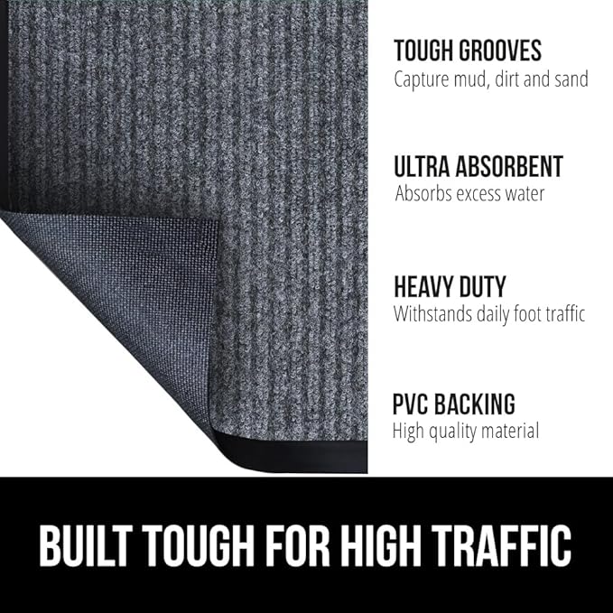 GORILLA GRIP Waterproof Traffic Guard Door Mat, 47x35, Heavy Duty Entryway Mats, Strong Rubber Back Commercial Utility Rugs for Office Hallway, Garage Floor and Home, Low Profile Carpet, Charcoal Gray