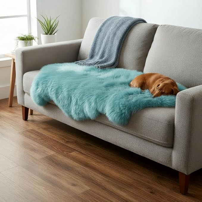 Premium Genuine Sheepskin Rug 2' x 6' Long Fur Soft & Natural Bedside Area Rug, Beach Blue, Double Pelt