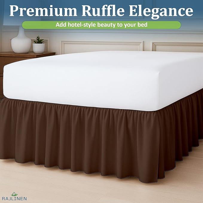 Rajlinen Ruffled Bed Skirt Full, 8 Inch Drop Dust Ruffle with Split Corners, 100% Microfiber Bedskirt with Platform, Three-Sided Coverage Ruffled Gathering Design, Chocolate