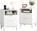 Night Stand Set of 2 with Charger Station, Fluted Nightstand with Drawers and Storage Shelf, Mid Century Modern Bedside Table Nightstands, Large Bed Side Table Wood Night Stands for Bedroom