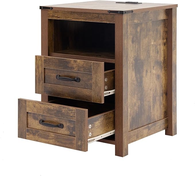 Brown Rustic Night Stand, Farmhouse End Table, Modern Bedside Table with 2 Storage Drawers and Open Shelf, Tall Nightstand for Bedroom