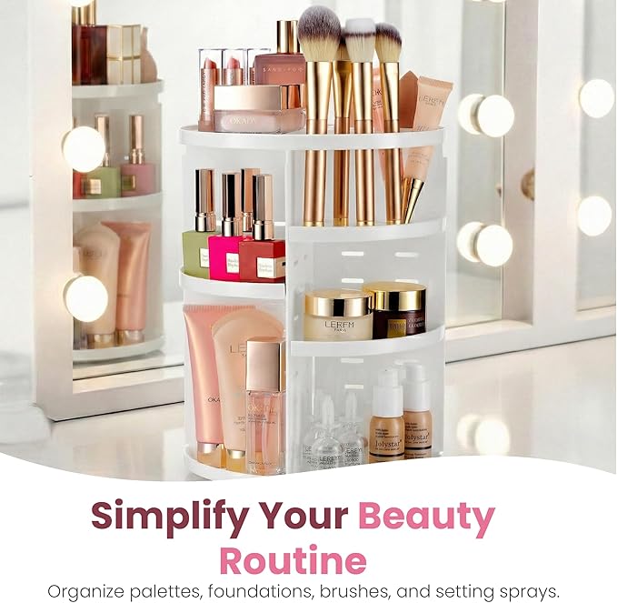 Masirs 360 Rotating Makeup Organizer - Adjustable Shelf Height and Fully Rotatable. The Perfect Cosmetic Organizer for Bedroom Dresser or Vanity Countertop. (White)