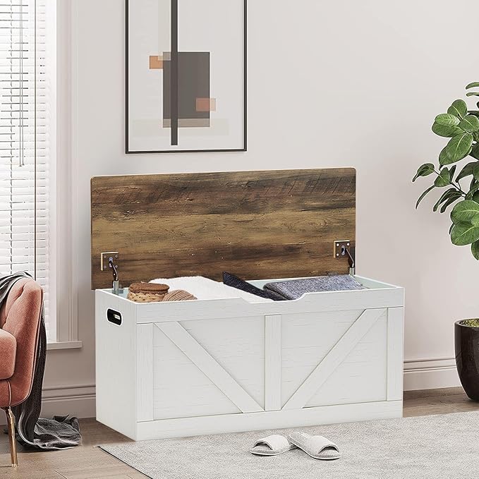Timberer 39.4" Storage Chest, Wooden Storage Bench, Large Storage Trunk with 2 Safety Hinges, Entryway Shoes Bench for Living Room, Bedroom, Brown and Rustic White