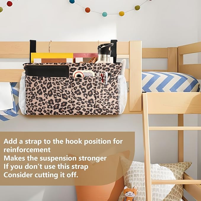Bedside Caddy Hanging Bunk Bed Caddy Bed Organizer Hanging Pocket with 2 Hooks Bedside Storage Organizer Pocket Bag Holder Leopard Print Brown