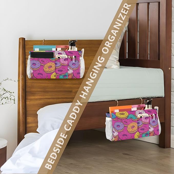 Bedside Caddy Hanging Bunk Bed Caddy Bed Organizer Hanging Pocket with 2 Hooks Bedside Storage Organizer Pocket Bag Holder Cute Donuts Colorful