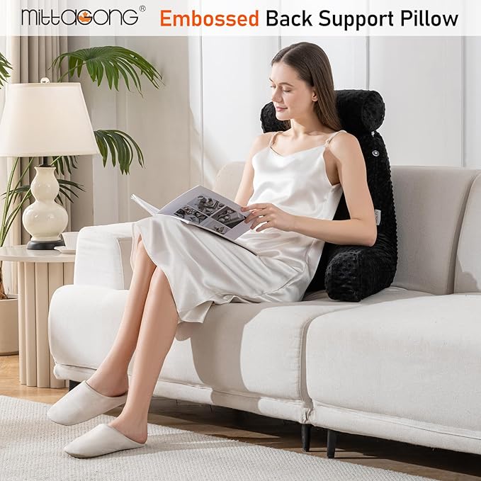 Reading Pillow for Sitting in Bed, Extra Large Backrest Support Cushion with Arms, Sit up Back Pillow Shredded Memory Foam back support Chair Pillow, Bed Rest Pillows with pocket, Detachable Neck Roll