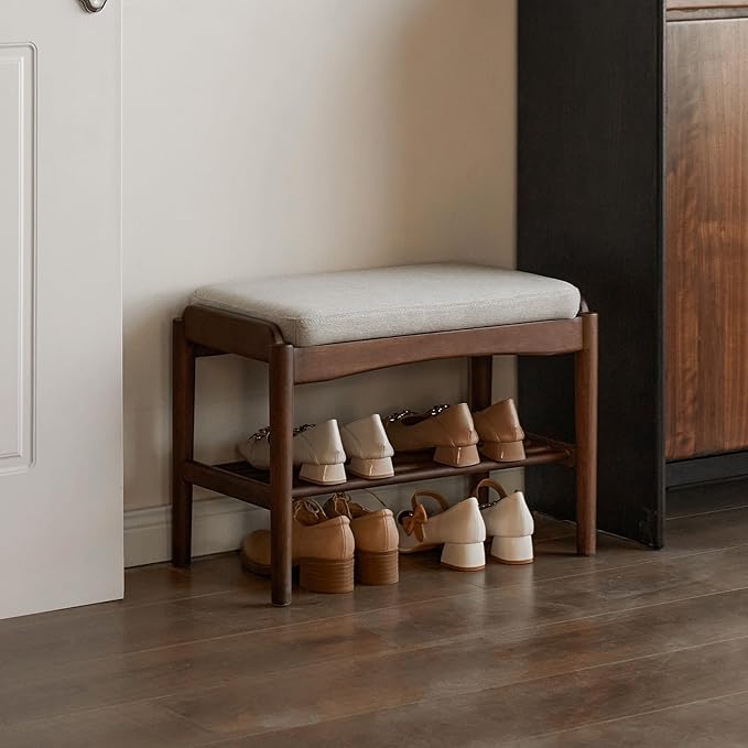 Black Walnut Shoe Bench Assembled, Solid Wood Shoe Rack Bench with Cushion for Entryway, Living Room, Bedroom, Hallway, 11.8" x 23.6" x 16.5"