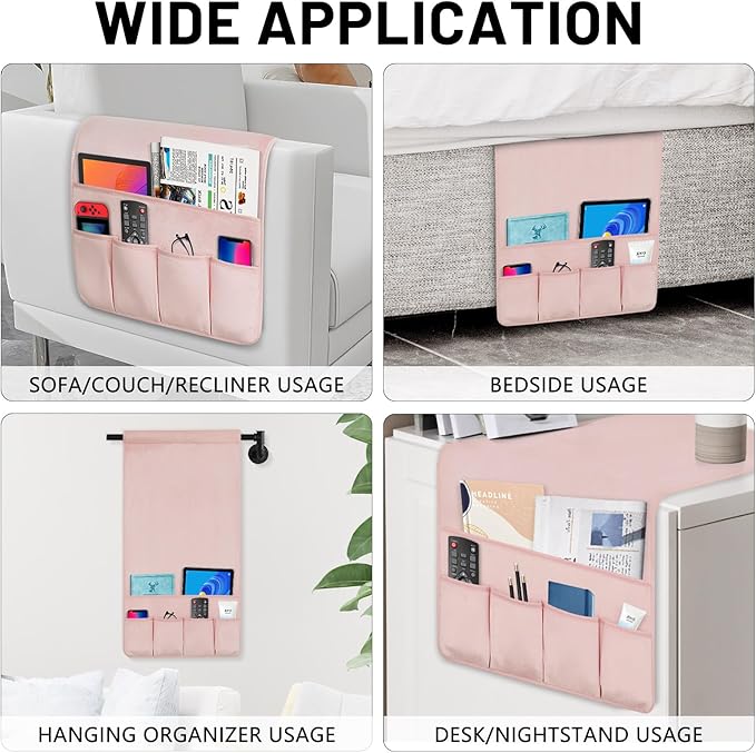 WETRBWEH Remote Control Holder for Armchair，Couch Caddy Organizer TV Remote Holder for Bed Storage 5 Pockets，Remote Caddy Bedside Organizer Bedside Table Organizer (Pink, 35''x18'')