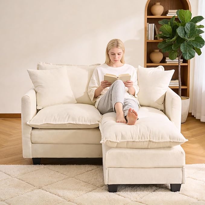 Loveseat Sofa with Ottoman, 50'' Modern L-Shape Cloud Couch Sofa Loveseat with 22'' Ottoman for Small Space/Apartment/Office/Living Room 8834-BEIGE-L