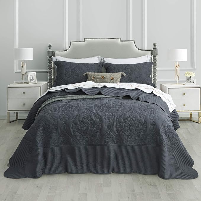 CHIXIN Bedspread Coverlet Quilt Set Full Size - Lightweight Bedding Cover - Beautiful Stitching - 5 Piece Reversible Bedspread - Gorgeous Damask Paisley Pattern (Full, Dark Grey)