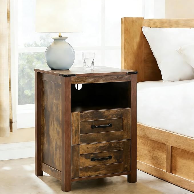 Brown Rustic Night Stand Set of 2, Farmhouse End Table, Modern Bedside Table with 2 Storage Drawers and Open Shelf, Tall Nightstand for Bedroom
