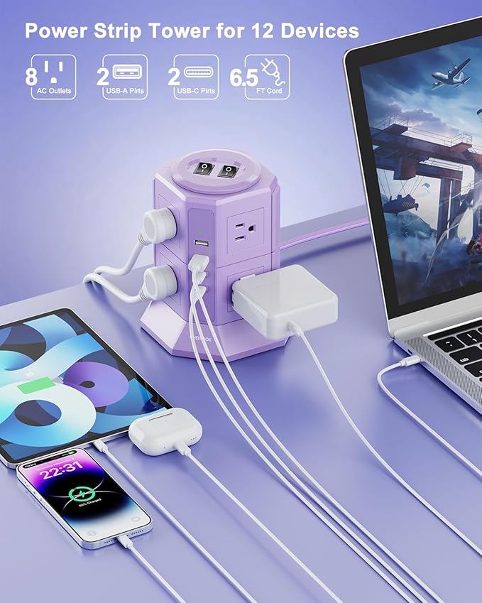 Flat Plug Power Strip Tower with 8 Outlets 4 USB Ports (2 Type C), Surge Protector Power Strip with 6.5 FT Extension Cord, Outlet Extender Charging Station with Multiple Outlets for Home Office Dorm