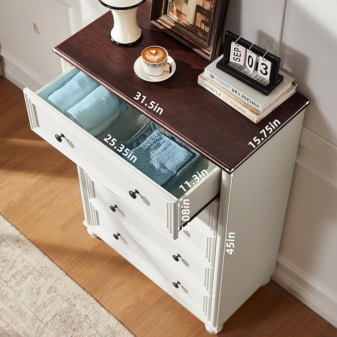 White Dresser for Bedroom, Farmhouse Tall Chest of Drawers Dresser Elegant Large Storage Dressers Organizer with Solid Wood Legs and Metal Handle Closet for Living Room, Hallway Entryway