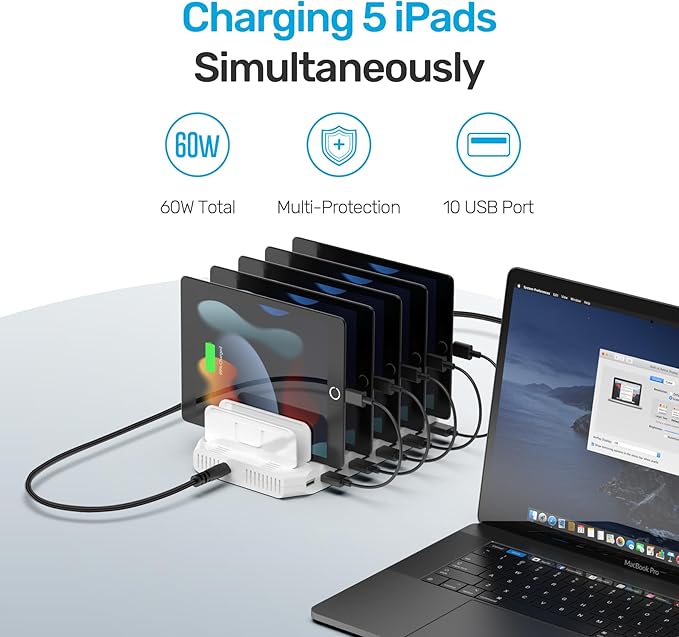 【5PCS】 Unitek Multi Charging Station, 10-Port USB Charger for Multiple Device with SmartIC Tech and Adjustable Dividers, Organizer Stand Compatible with iPad, Tablet, Kindle, iPhone - 5PCS, White