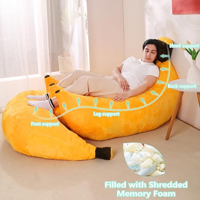 Banana Bean Bag Chair with Ottoman, Floor Sofa Bed with Footrest, Comfy Convertible Lounger for Adults, Plush Couch for Bedroom, Living Room or Dorm, L-Yellow