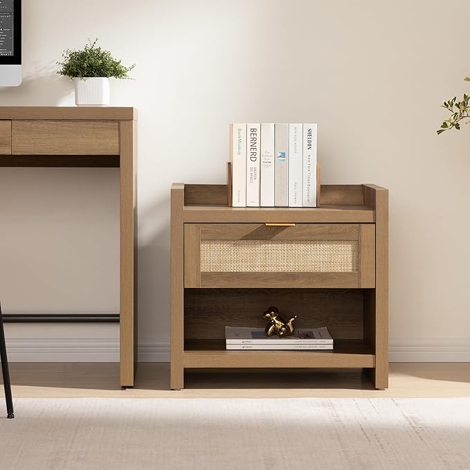 SICOTAS Night Stand Bed Side Table - Rattan Nightstand with Type-C Charging Station,Drawer Storage End Table - Boho Bedside Night Stands for Bedroom - Natural Oak