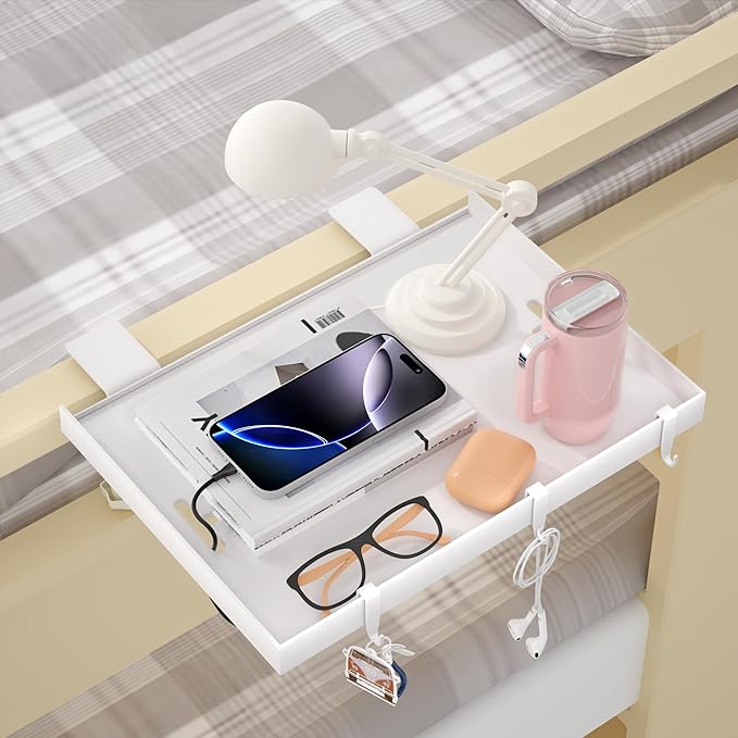Foldable Bedside Shelf, Metal Clip-On Bed Tray Table for Bunk Bed & Dorm Beds, Dorm Room Essentials Organizer for College Students, Floating Tray, Space Saving Nightstand for Loft Beds (White, Small)
