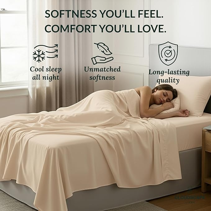 Cloud Scape Linen 100% Egyptian Cotton Sheets Twin Size, 3 Pieces Luxury Bedding Set, 400 Thread Count,Hotel Quality, Silky Soft, Breathable and Durable, Deep Pockets up to 15, Ivory