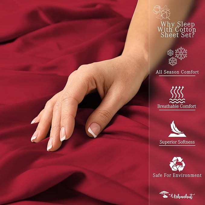 URBANHUT 800 Thread Count 100% Cotton King Size Sheets, Luxury 4 Piece King Bedsheets, Hotel Sheets Sateen Finish - Better Than Egyptian, 16" Elasticized Deep Pocket - Burgundy