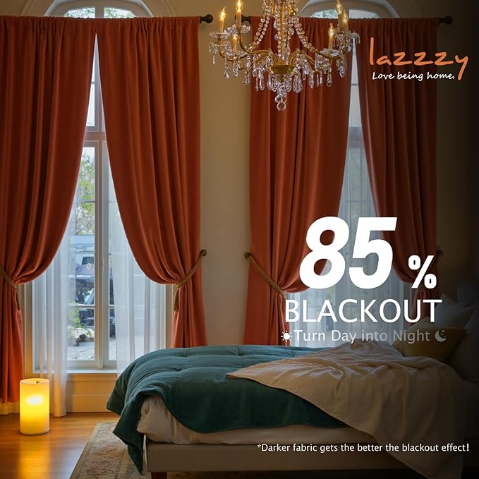 Lazzzy Velvet Blackout Curtains Thermal Insulated Room Window Drapes Super Soft Luxury Curtains for Living Room Bedroom Rod Pocket 2 Panels, Pumpkin, 52" W x 84" L