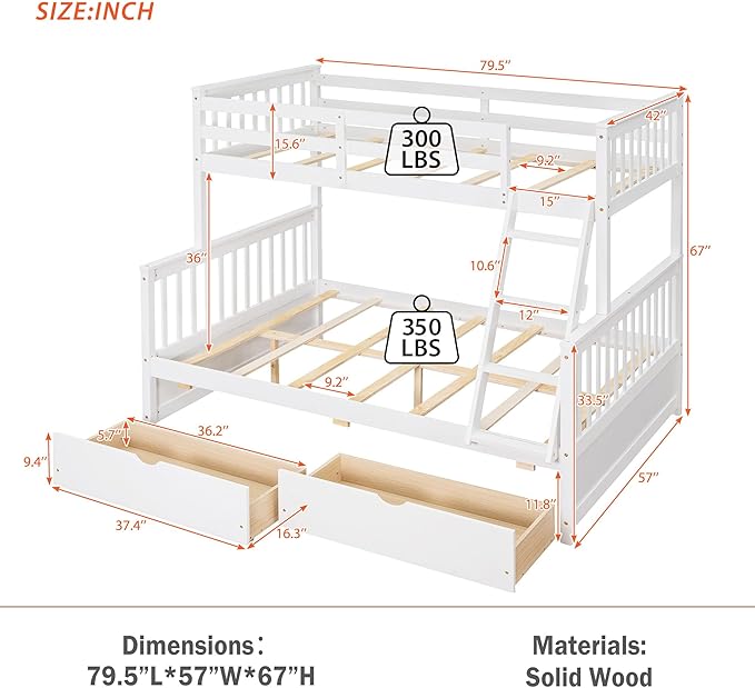 Merax Wood Bunk Bed with Drawers,Convertible Wood Bunk Bed with Ladders and Two Storage Drawers,Solid Wood Detachable Bed Frame with Ladders,Twin Over Full Size,White