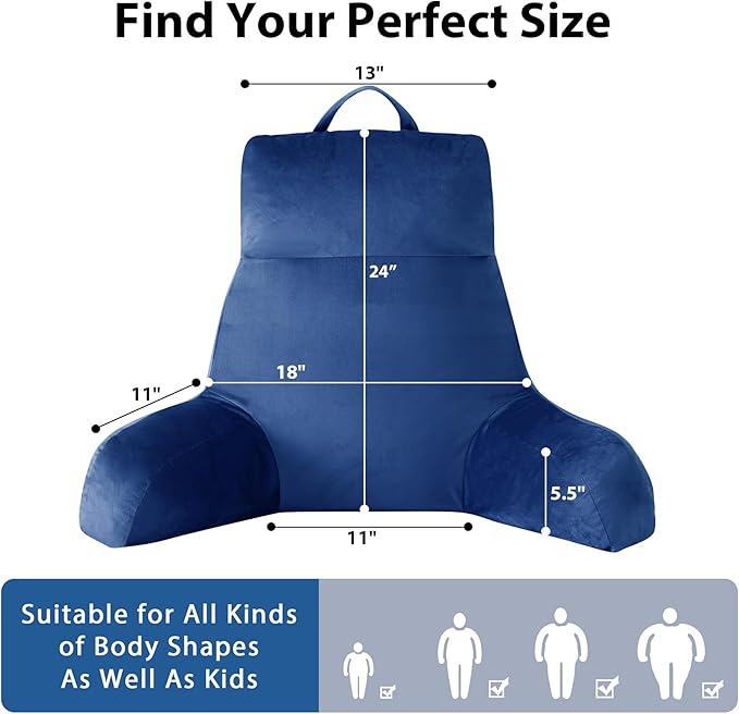 IPYNBAP Reading Pillow with Arms for Adult, Back Pillow for Bed Sitting Up, Shredded Memory Foam Backrest Pillow with Pockets & Removable Washable Cover, Lounging, Watching TV, Reading(24" Navy Blue)