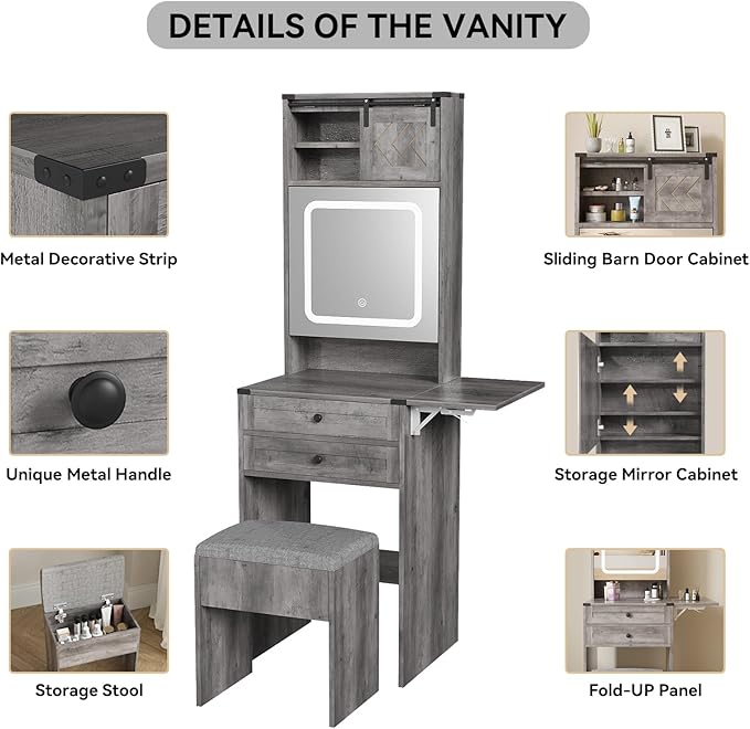 ARTETHYS Farmhouse Small Vanity Desk Set with Mirror Cabinet Compact Makeup Vanities Set with 3 Adjustable Lights and Storage Chair for Compact Space, Gray Dressing Table with Fold-up Panel