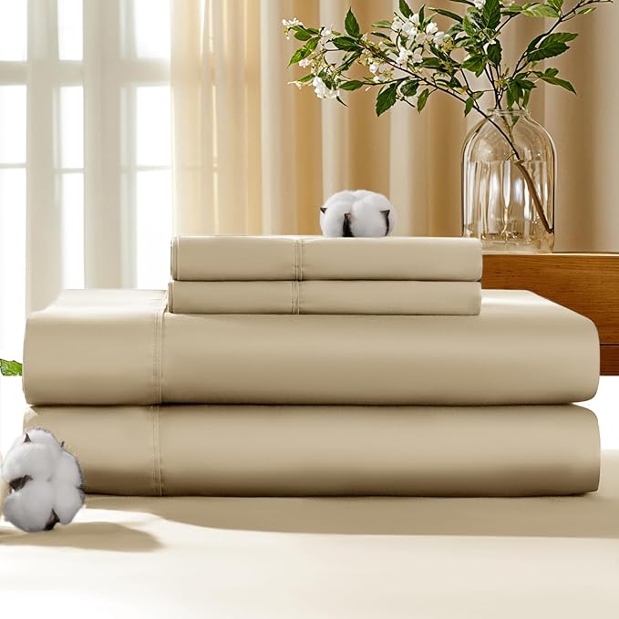 LBRO2M 100% Cotton Sheets Set Deep Pocket 19", 1000 Thread Count Full Size 4 Piece Bed Sheet Sets Soft Comfortable Bedding All Season (Full, Linen)