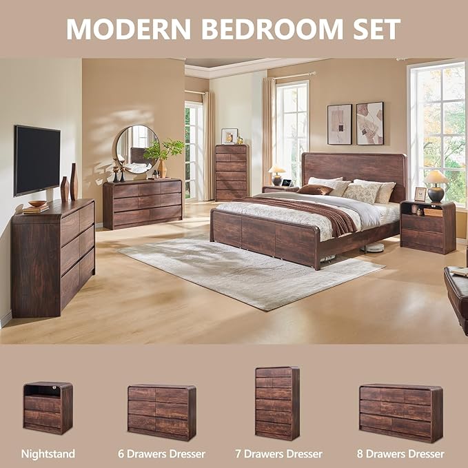 25" Tall Modern Nightstand with Charging Station, 23.6'' Wide Wood Bedside Table w/2 Storage Drawers, Large Mid Century End Table for Bedroom, Living Room, Curved Profile Design, Brown