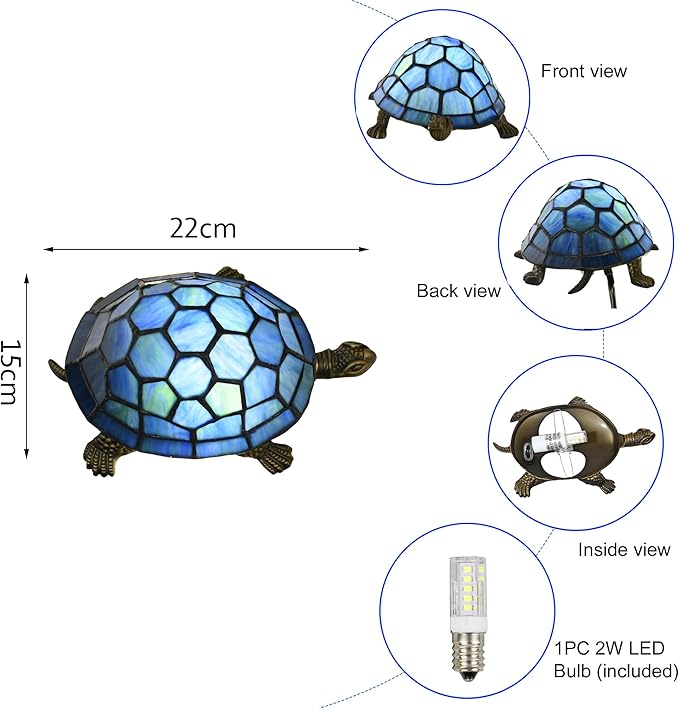 A0020 Turtle Tiffany Style Accent Table Lamp Handmade Stained Glass Animal Night Light for Bedside Livingroom Bedroom Home Decoration (Blue Turtle)