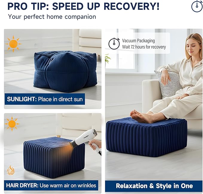Tiita Suqre Stuffed Pouf Ottoman, Stripe Poufs 21×21×10 inch with Foam Chunk Filling, Floor Bean Bag Floor Chair Storage for Living Room Bedroom Home Decor, Navy Blue