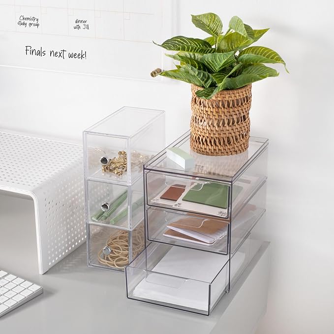 mDesign Plastic Stackable Organizer with 3 Drawers - Pull-Out Drawer Storage Bin for Bathroom Sink/Cabinet Organization - Perfect for Makeup, Small Towels, and More - Lumiere Collection, Clear