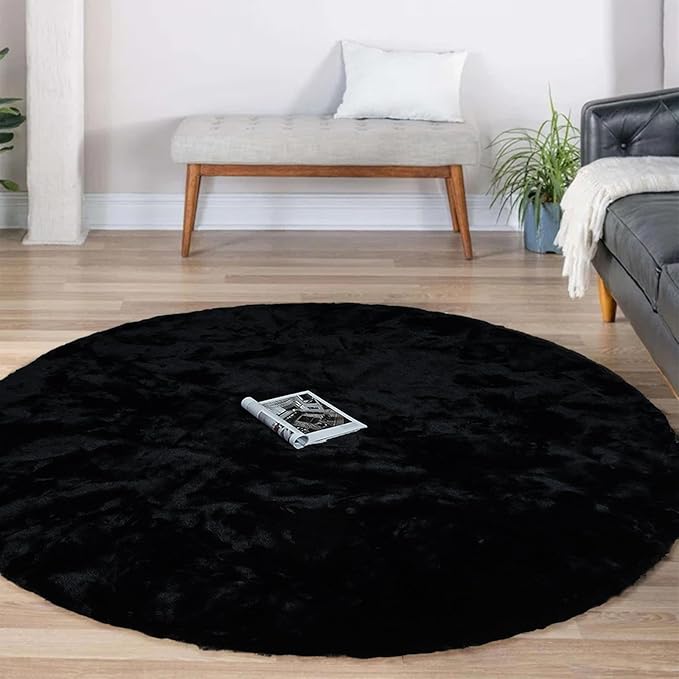 Latepis Round Area Rugs 5ft Black Fuzzy Rug Washable Faux Rabbit Fur Fluffy Plush Shaggy Rugs for Living Room Bedroom Nursery Kids Rug Cute Room Decor