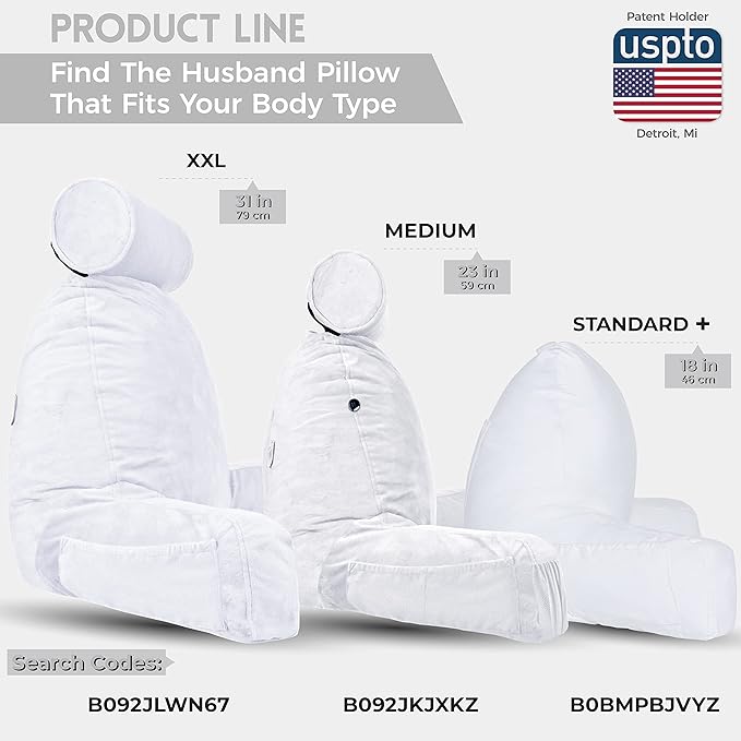 Husband Pillow XXL Aspen Edition - Adult Reading Bed Rest Pillow with Arms & Detach Neck Roll on Bungee Cord - Premium Memory Foam, Reversible 2 Sided Covers Micro Suede or Plush, White Dandelion