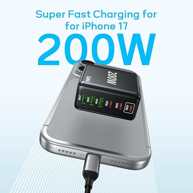 2 Pack USB C Charger Block 200W,6 Port Foldable Fast Charger Type C Charger iPhone 17 16 Fast Charging PD 3.1 Charging Station for All iPhone/Samsung Galaxy S25/S24/MacBook Pro/iPad