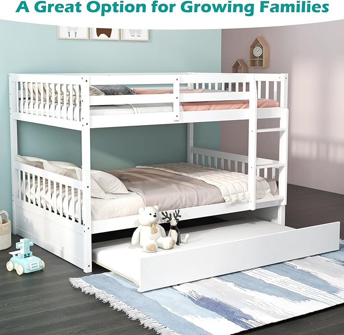 Giantex Full Over Full Bunk Bed with Trundle, Solid Wood Trundle Bed Frame w/Guardrails and Ladder, Convertible to 2 Beds, Full Size Bunk Beds for Adults Kids Teens, No Box Spring Needed, White