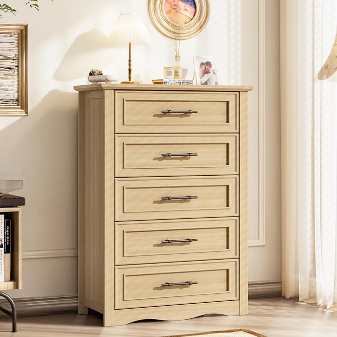 Farmhouse 5 Drawers Dresser, 45.5" H Modern Country Storage Dressers with Brushed Metal Handles, Wood Storage Organizers for Bedroom, Living Room, Hallway, Light Oak