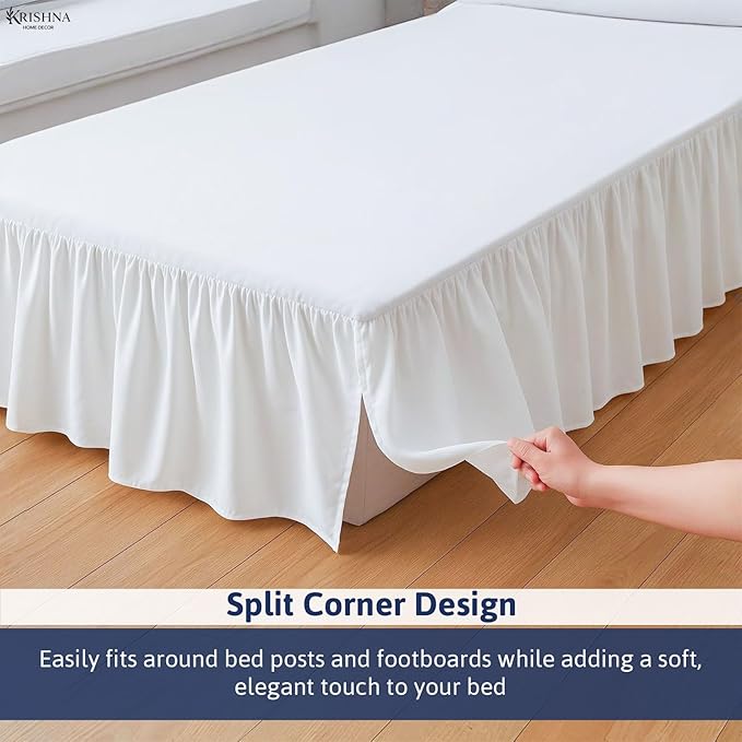 KRISHNA Ruffled Bed Skirt with Split Corners Twin, 100% Microfiber Hotel Quality, 28 Inch Drop Dust Ruffle Gathered Bedskirt with Platform, 39" x 75", White