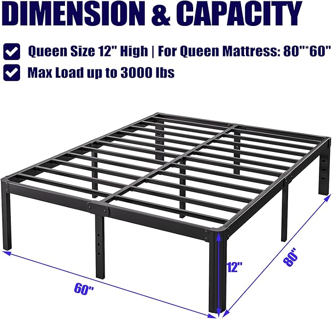 Hunlostten 12" High Queen Bed Frame No Box Spring Needed, Heavy Duty Metal Platform Bed Frame Queen Size with Round Corners, Easy Assembly, Noise Free, Black
