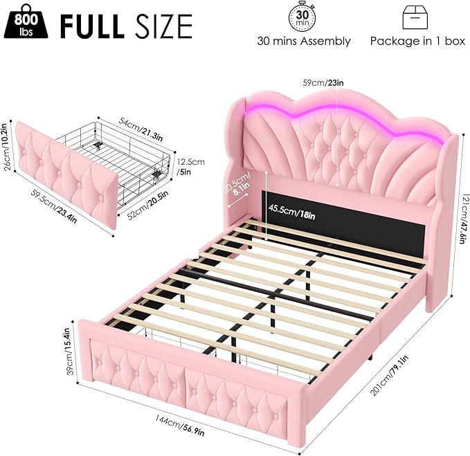 Keyluv Full Bed Frame with LED Lights and 2 Storage Drawers, Velvet Upholstered Platform with 47" Tall Arc-Shaped Wingback Headboard and Button Tufted Design, No Box Spring Needed, Noise-Free, Pink