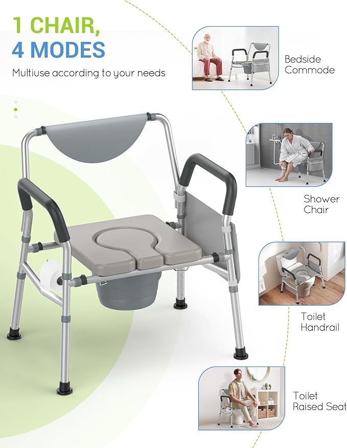 Heavy Duty Bariatric Commode, 4-in-1 Portable Bedside Commode or Over-Toilet Chair, Extra-Wide | Adjustable Height | Easy to Clean, Handicap Commode Chair for Eldery, Disabled People
